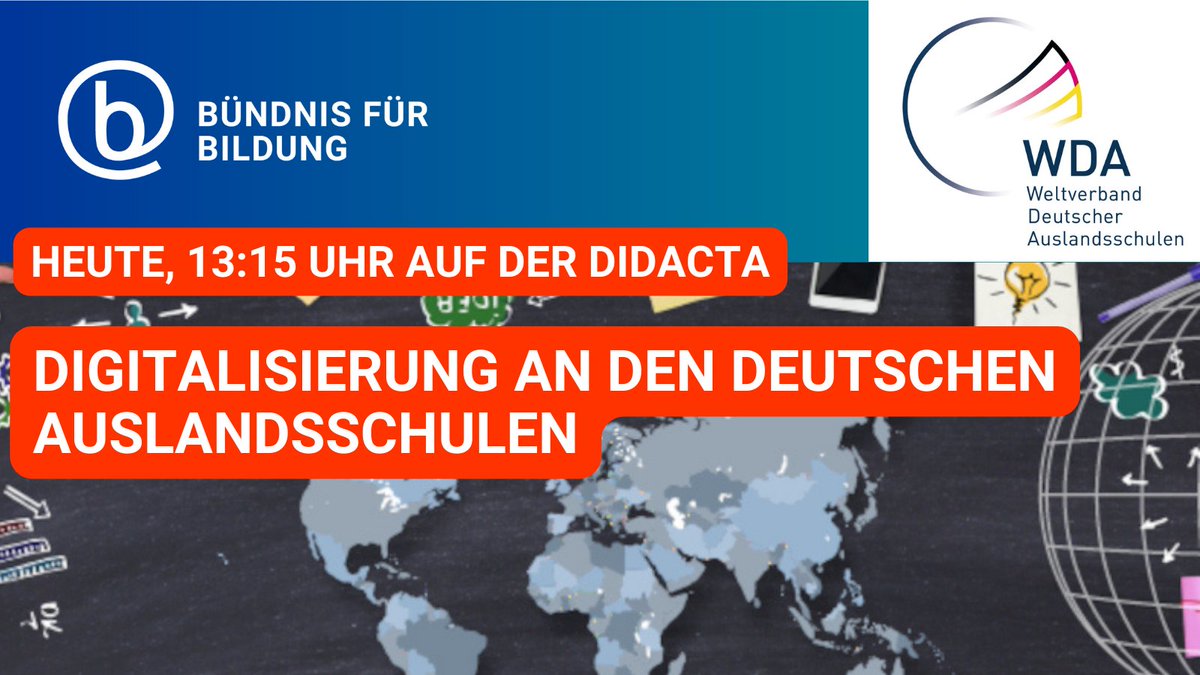 Heute stellen wir mit dem <a href="/WDAeV/">WDA</a> auf der #didacta22 eine Umfrage zum Stand der Digitalisierung an deutschen Auslandsschulen vor.
➡️Donnerstag, 9.6.2022, 13:15 Uhr
➡️Halle 6, Stand B018 beim Bündnis für Bildung

Die Ergebnisse auch bei uns auf der Webseite: bfb.org/post/digitalis…