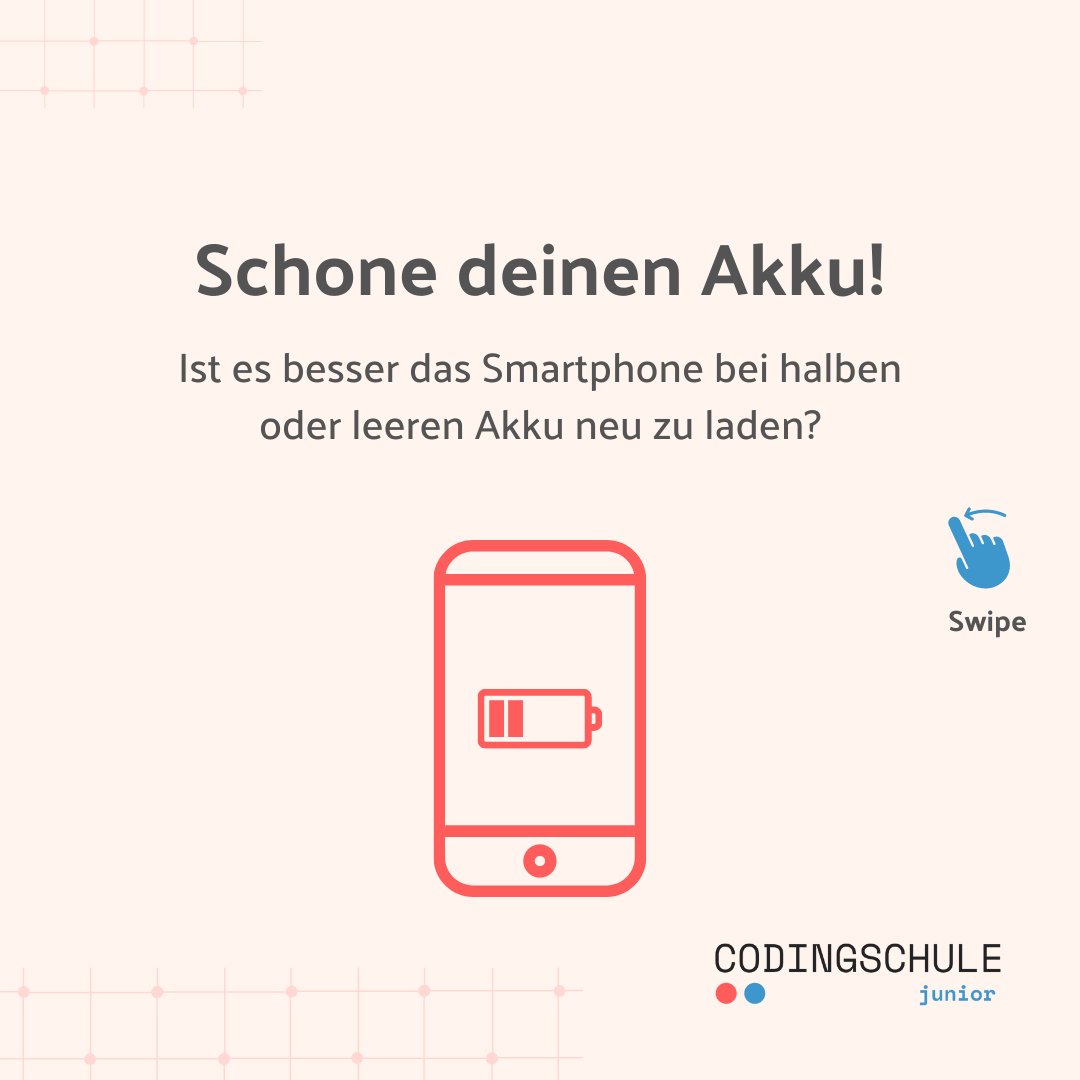 CodingschuleJr's tweet photo. Wusstest du schon, wie der Akku richtig geschont wird?
#codingschule_junior #akku #akkusparen #tippsundtricks #lifehack #coding #handytipps #technik #smartphonetipps #nachhaltigkeit #nachhaltig #aufladen https://t.co/OYEfqkW51M