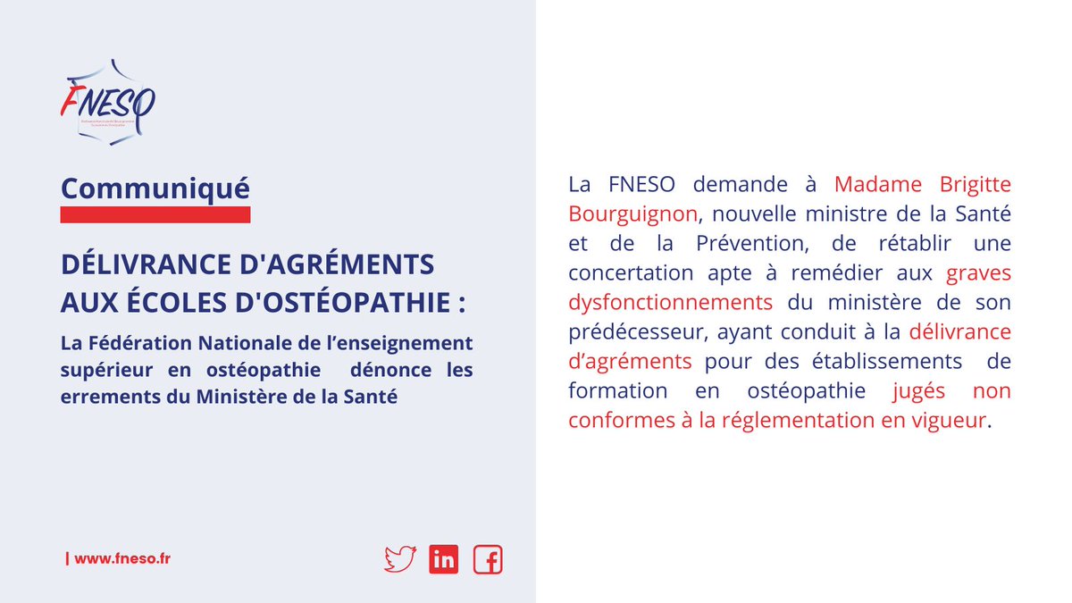 La @FNESOfr dénonce les errements du Ministère de la Santé dans la délivrance des #agréments. 👉Article entreprendre.fr : entreprendre.fr/ecoles-dosteop… 👉Communiqué de presse de la FNESO : fneso.fr/wp-content/upl…