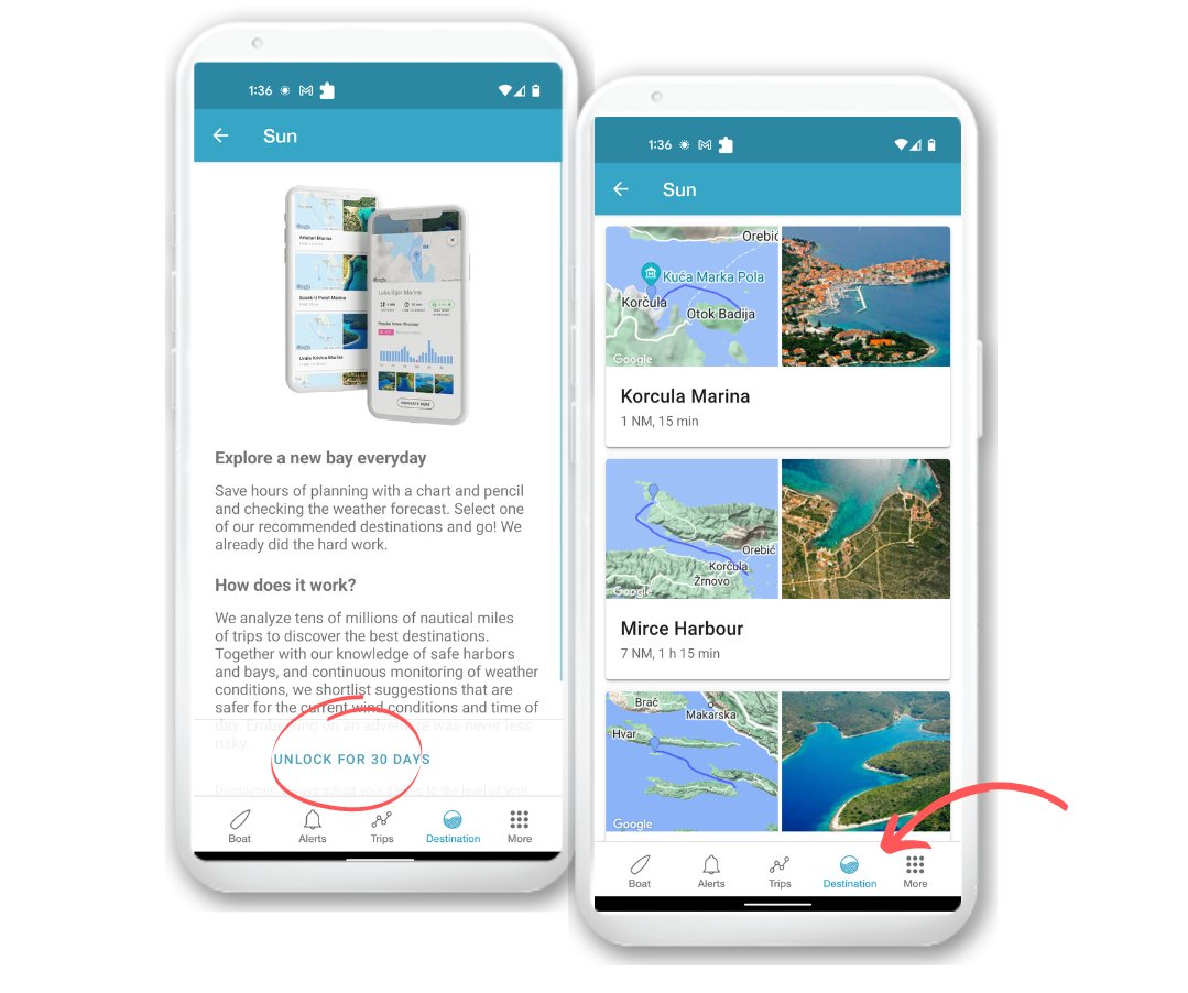 "Destinations", our sailing recommendation tool, is now available for in-app purchase.
Read more: lnkd.in/gvttHnY8
If you are interested in this feature, leave your e-mail address at bayfinder.app, so that we can decide which area to support next. 
#smartsailing