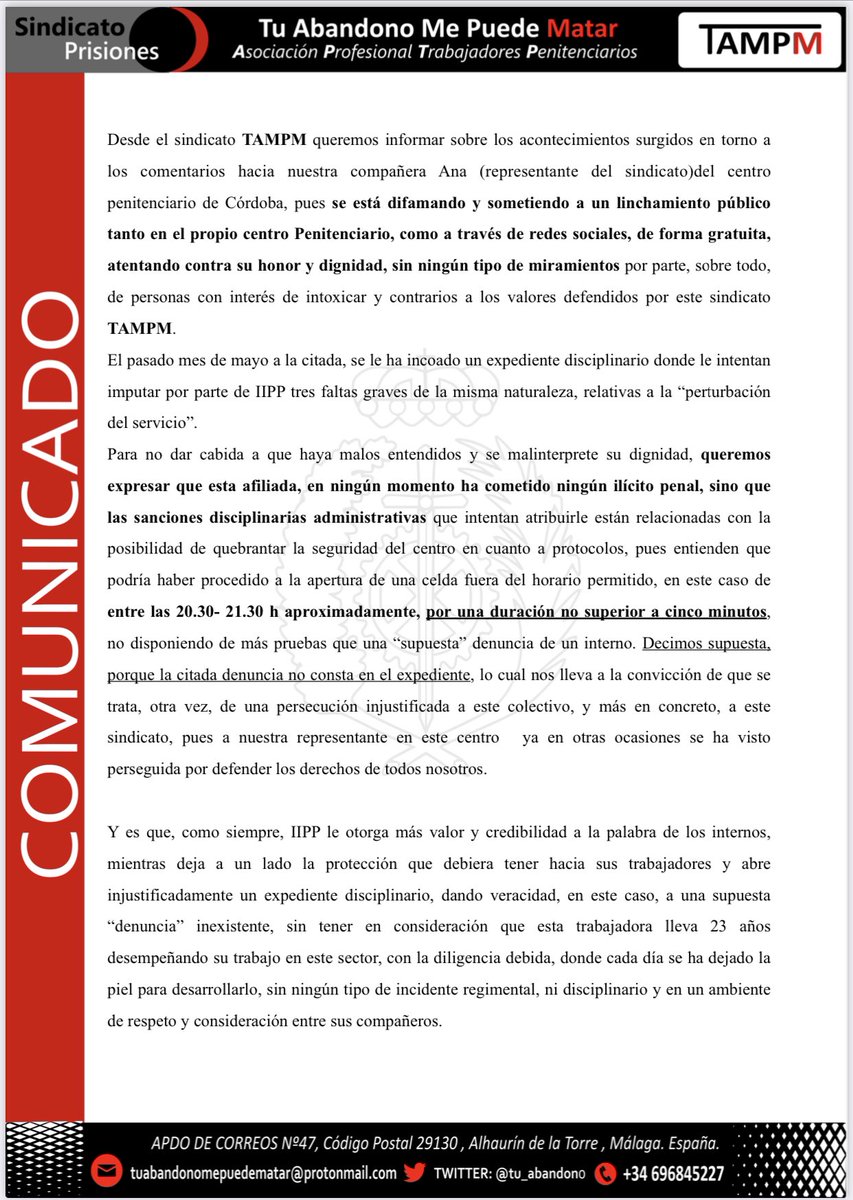 tu_abandono's tweet photo. 📃 #COMUNICADO:
CONDENAMOS en firme las DIFAMACIONES que se están vertiendo en público sobre la Compañera Ana de @Tampm_Cordoba

👉🏼 Los CÓMPLICES que van “de la mano” de @IIPPGob perjudican Ntra LUCHA

⚖️ EJERCEREMOS Acciones legales oportunas contra quien vulnere su HONOR
#TAMPM https://t.co/eYgr1nG5Et