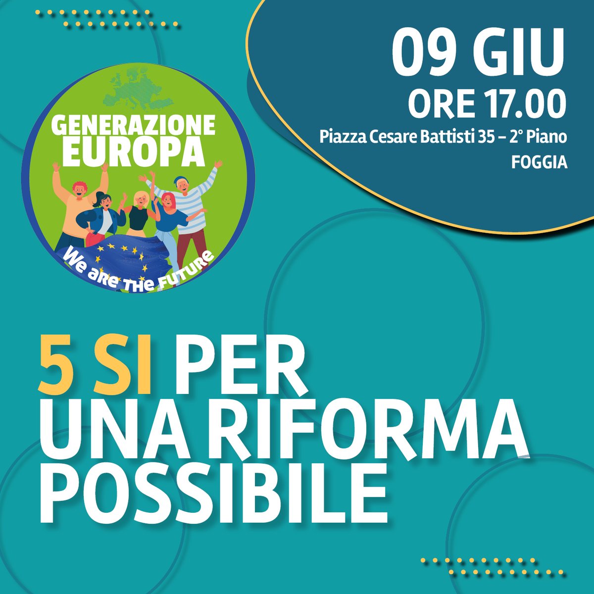GenerazioneEU's tweet photo. 🔵🟢 5 SI PER UNA RIFORMA POSSIBILE🔵🟢 
OGGI incontro pubblico dove discuteremo sul #REFERENDUMGIUSTIZIA e sulle ragioni per cui andare a votare #SI il 12 Giugno.
Lo faremo insieme a @mickydefinis, @andreapruitic, @luigiiorio5, @FraTroiano e @sandrogozi

 #europa #giustizia #si https://t.co/WCFAlBguyR