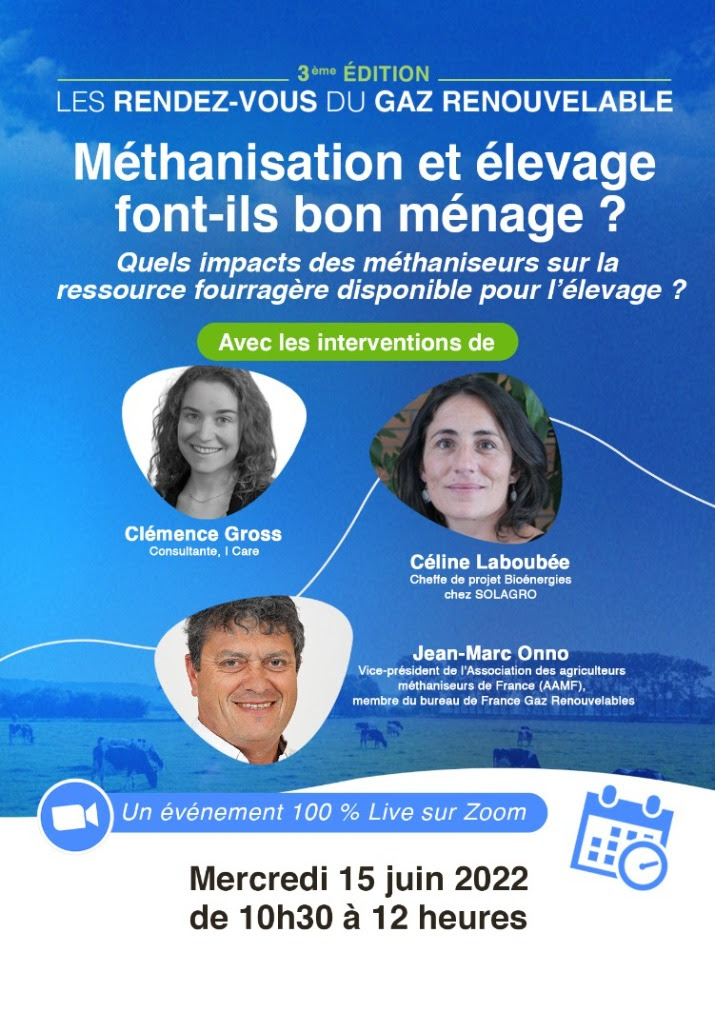 #Méthanisation et élevage font-ils bon ménage ? 
Pour en parler, rdv le 15 juin pour un webinair avec Clémence Gross, Consultante <a href="/I_Care_Consult/">I Care</a>, Céline Laboubee, Cheffe de Projet Bioénergie <a href="/SolagroFR/">Solagro</a> et Jean-Marc Onno, VP de l’<a href="/AAMF_Agris/">Agriculteurs Méthaniseurs de France</a> !
📥 : elodie@secretariat-general.fr