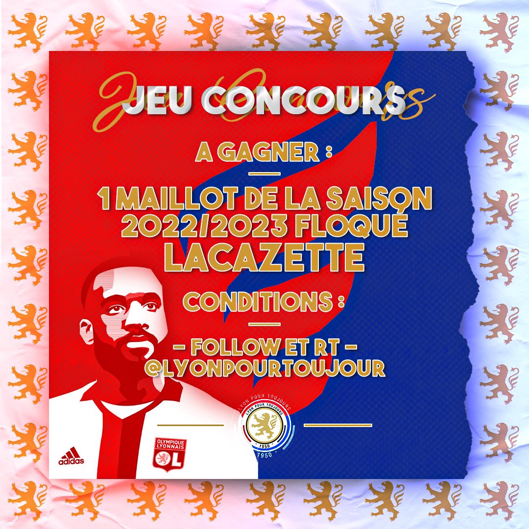lyonpourtoujour's tweet photo. CONCOURS 🎁

Gagnez le maillot domicile 2022/23 floqué Lacazette 🔥

Pour participer : 
1️⃣ Follow @lyonpourtoujour 
2️⃣ RT + Like le post 

TAS le 01/07/22 🎉 https://t.co/qBrAeVxgq8