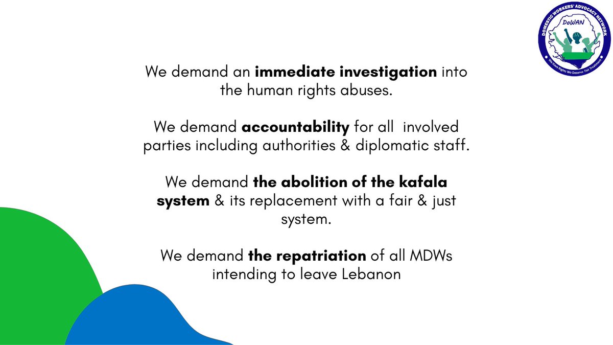 dowanunite's tweet photo. Our demands for change are clear. Reforms are not enough. The Kafala system needs to be abolished and replaced with a fair system protecting migrant workers. 

#EndKafala #MigrantWorkers #DomesticWorkers #AbolishKafala #Lebanon https://t.co/kKshgObLPZ