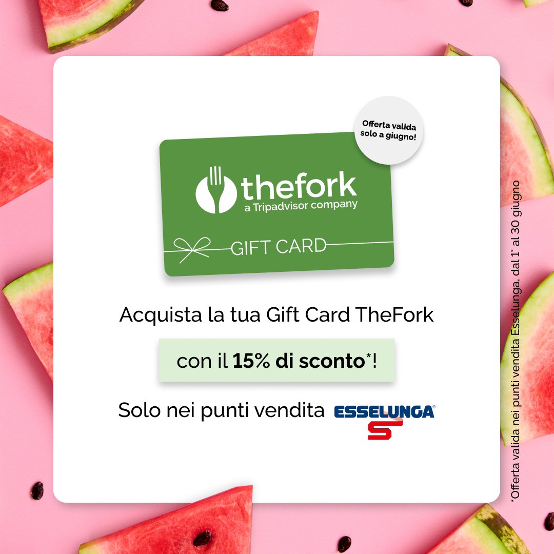 Anche #Esselunga festeggia i 15 anni di TheFork ✨ Come? Con una succosa #promozione! 🍉 Dal 1° al 30 giugno puoi comprare la #GiftCard di #TheFork con il 15% di sconto nei negozi Esselunga aderenti 😍 Che aspetti? Scopri di più nell'articolo dedicato bit.ly/3LJY8WV