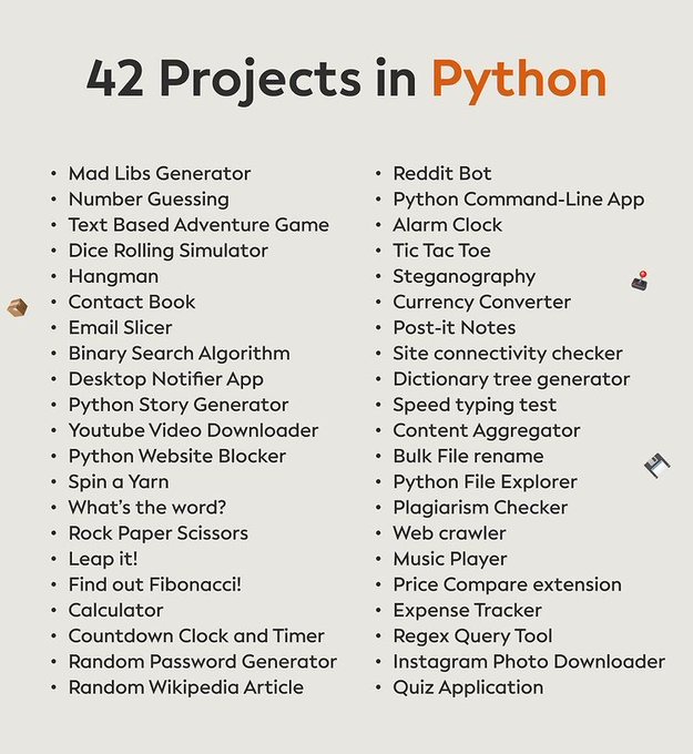 zakiul33's tweet image. Here is a list of 42 projects in Python that you should try out!

#Python #Projects #DataScience  #pythonprogramming #programming #DataScience  #100DaysOfCode #CodeNewbies #DEVCommunity #DevOps #coding #DataAnalytics  #ML #AI #Blockchain