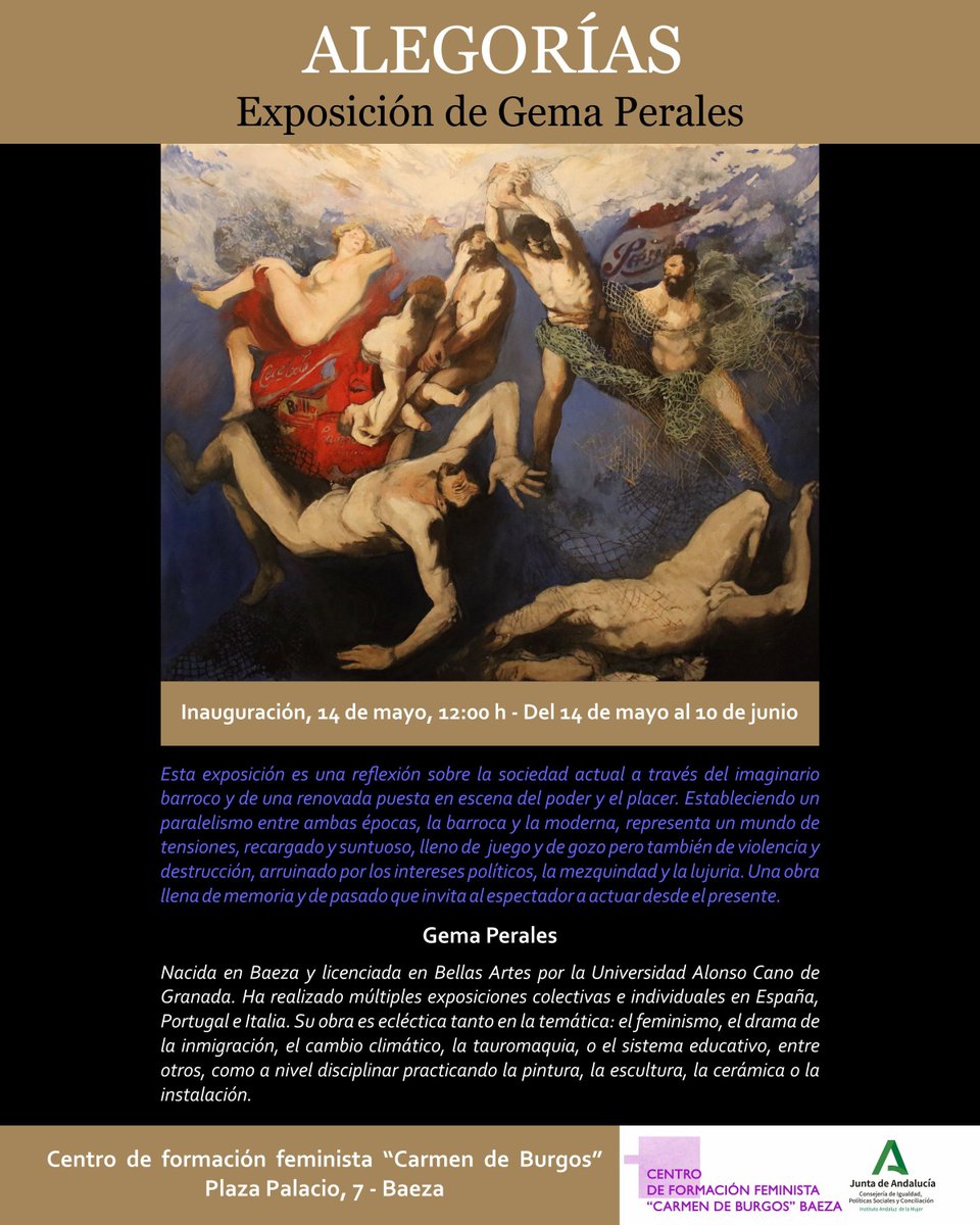 ❗#ÚLTIMOSDÍAS para visitar la #exposición 𝕬𝖑𝖊𝖌𝖔𝖗𝖎́𝖆𝖘, de Gema Perales
🗺 Centro de formación feminista #CarmenDeBurgos
Plaza Palacio, 7 #Baeza

📅  Hasta el 10 de junio

#alegorías #pintura #arte #Centrodeformaciónfeminista #artebarroco #artemoderno #Andalucía