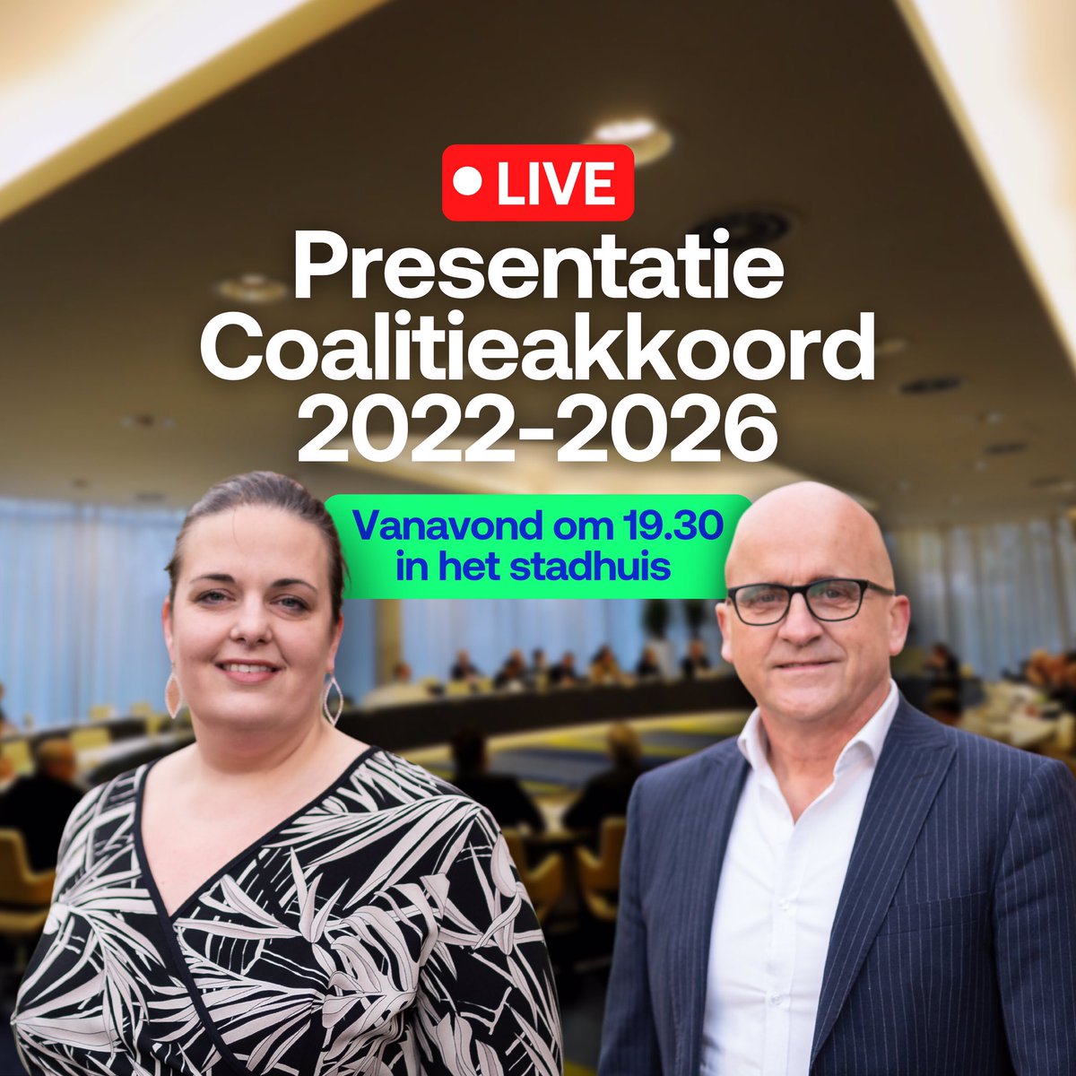 Het is zover! Na een periode van onderhandelingen presenteren we vandaag met Lokaal Belang, GroenLinksaf en D66 ons coalitieakkoord voor de komende 4 jaar.

⏰De presentatie vindt om 19.30 plaats in de raadzaal van het stadhuis en is openbaar toegankelijk. Ook online te volgen!