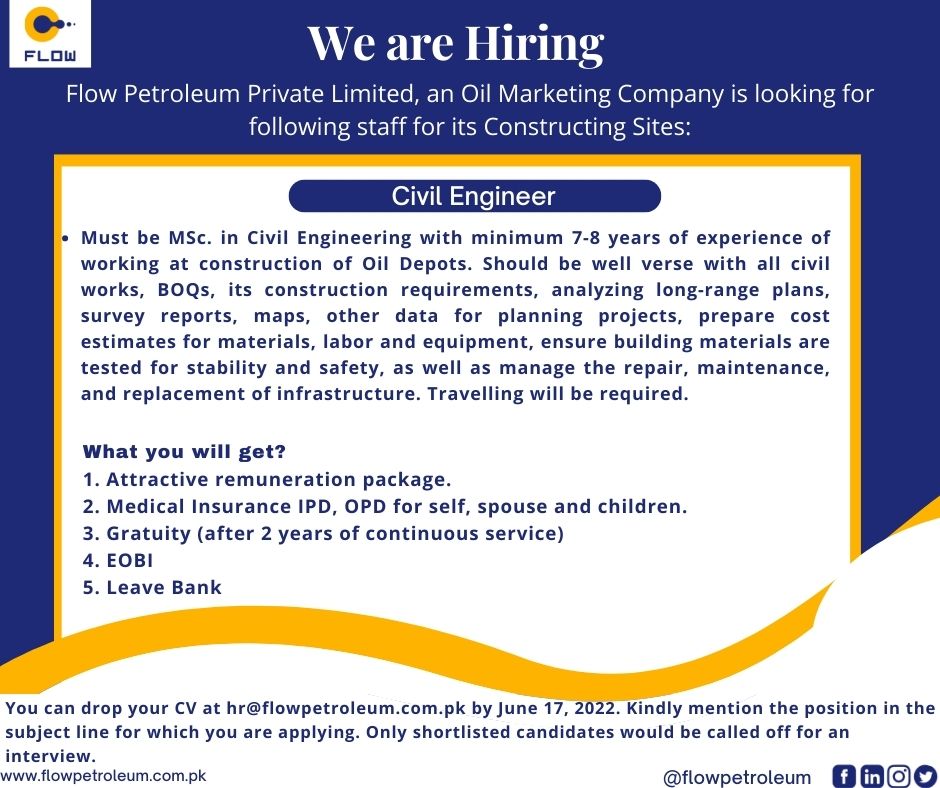 flow_pvt's tweet image. FPPL is hiring
Interested candidates can send us their resume at hr@flowpetroleum.com.pk
kindly do mention the position you are applying for in the subject
#hiring #flowpetroleum #fuelingthefuture