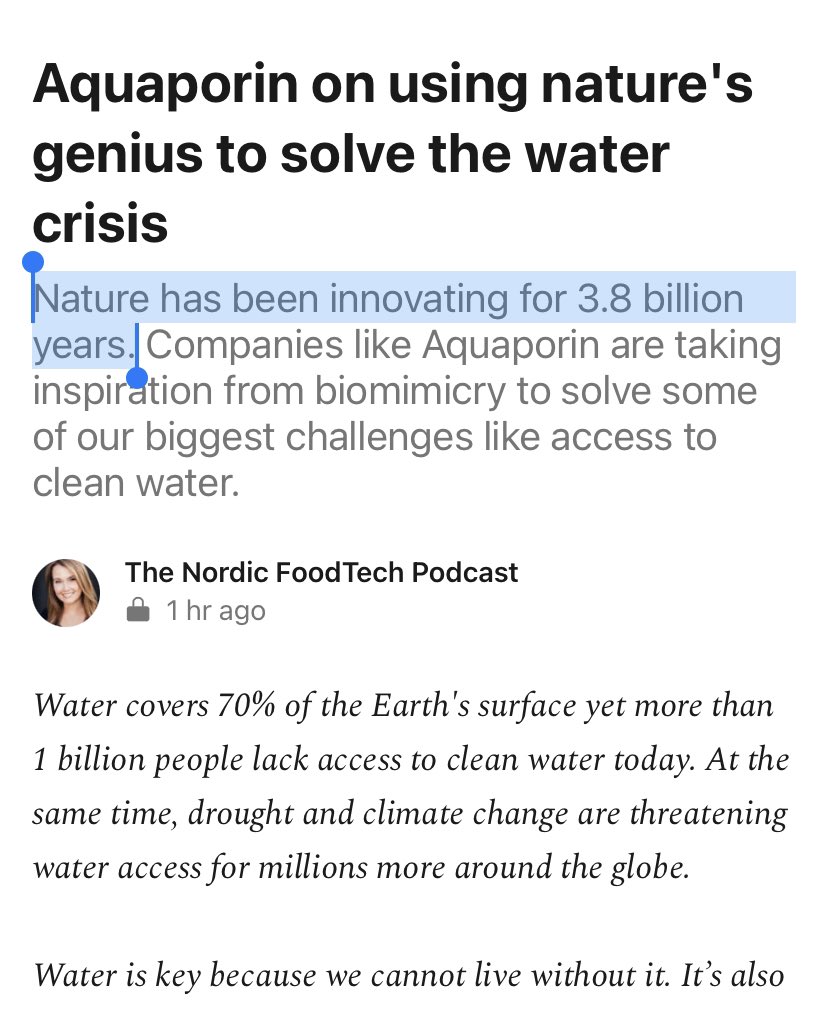 ”Nature has been innovating for 3.8 billion years.” Says the Nordic FoodTech Podcast. I think this is the firat time I have seen nature described as an innovator. nordicfoodtechpodcast.substack.com/p/aquaporin?s=r