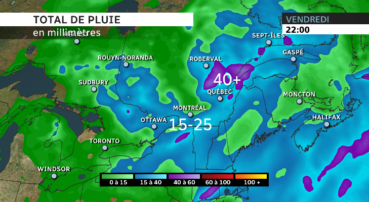 Jeudi parapluie. Arrosé! 
Montréal 15-25 mm (orages possibles)