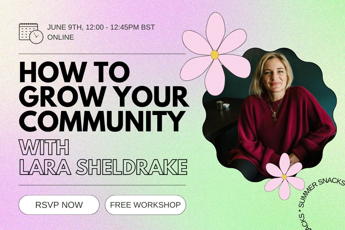 Lara Sheldrake (@lara_sheldrake) on Twitter photo Starting soon! Join <a href="/lara_sheldrake/">Lara Sheldrake</a>, founder of Found & Flourish, in a workshop sharing her sharing her top tips to growing an engaged community to supercharge your business 🚀 Today from 12:00 to 12:45pm BST
buff.ly/3muSa1U Starting soon! Join <a href="/lara_sheldrake/">Lara Sheldrake</a>, founder of Found & Flourish, in a workshop sharing her sharing her top tips to growing an engaged community to supercharge your business 🚀 Today from 12:00 to 12:45pm BST
buff.ly/3muSa1U
