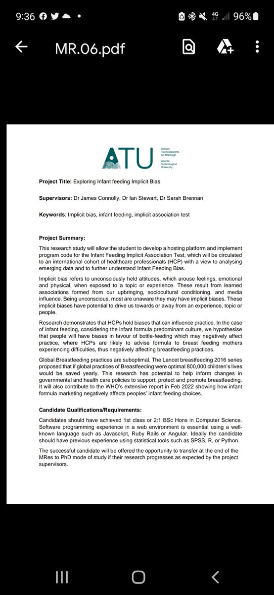 stabrennan's tweet image. Closing date today! 

Interesting opportunity to do a funded Masters in Research/PhD exploring #InfantFeeding #Implicit #Bias in healthcare professionals. 

Requires undergraduate in Computing. 

@WHO
@bflgireland

DM for info

lyit.ie/Research-Innov…