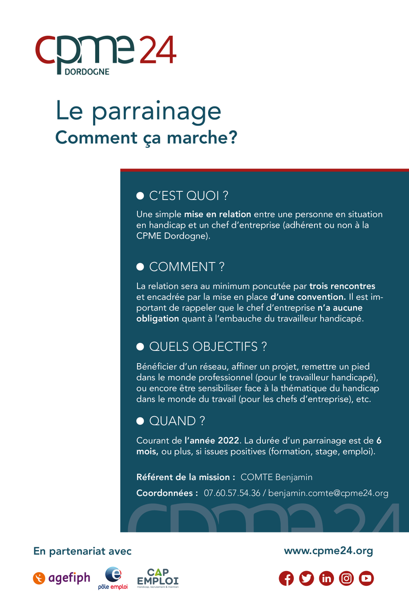 🚨 Parrainage AGEFIPH 🚨

👉 La CPME Dordogne n'a jamais cessé de mettre en place une offre de services à la hauteur de vos besoins et problématiques. 

Dans ce sens, nous vous présentons une nouvelle mission que mène l'équipe de la CPME Dordogne en partenariat avec l'AGEFIPH.