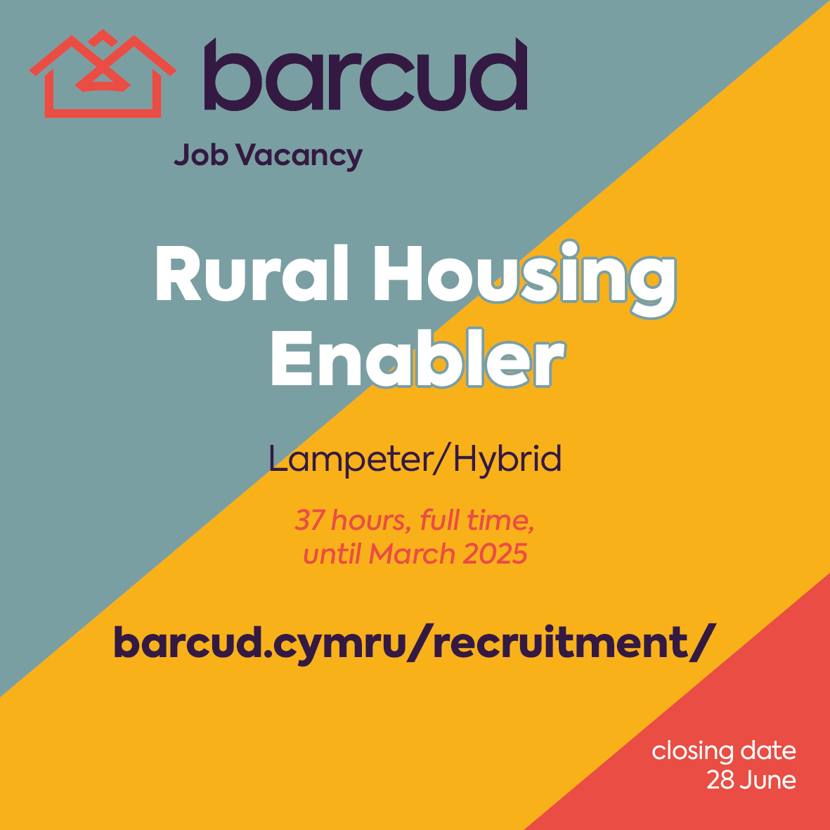 Great opportunity to join us as a Rural Housing Enabler to identify local housing need and find potential viable sites for development of additional affordable housing!
For more details visit barcud.cymru/recruitment/
 #jobsearch #housingjobswales #ruralhousing #affordablehousing