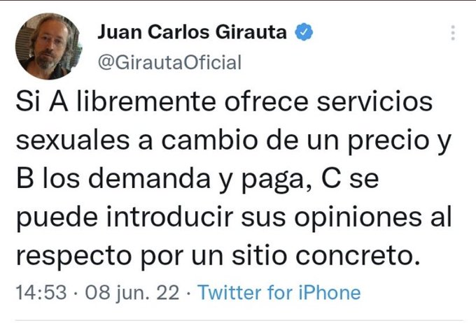 📊 ¿Apoyas esta opinión de Girauta respecto a la prostitución?

🔄 SÍ
❤️ NO