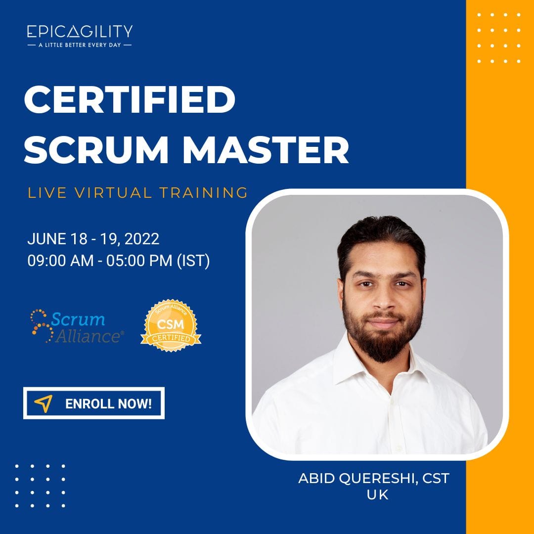 epicagilityin's tweet photo. The CSM Certification programme is for you if you want to keep up with what the industry requires. CST Abid Quereshi will guide you through a better grasp of Scrum methodologies &amp; their implementation. Enroll for 18-19 June. #training #scrum #scrumalliance #epicagilityindia https://t.co/FyaAa96MLL