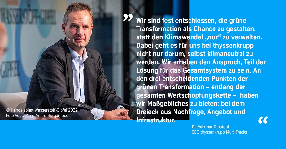 Nachfrage, Angebot, Infrastruktur - Dr. Volkmar Dinstuhl, CEO von #thyssenkrupp Multi Tracks, betonte auf dem #Wasserstoffgipfel die besondere Situation von #thyssenkrupp. Mit den entscheidenden Technologien kann #thyssenkrupp maßgeblich die #grüneTransformation gestalten.