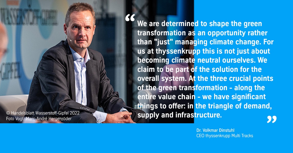 Demand, supply, infrastructure - Dr. Volkmar Dinstuhl, CEO of #thyssenkrupp Multi Tracks, emphasized the special situation of #thyssenkrupp at the #HydrogenSummit. With the decisive technologies, #thyssenkrupp can significantly shape the #greentransformation.