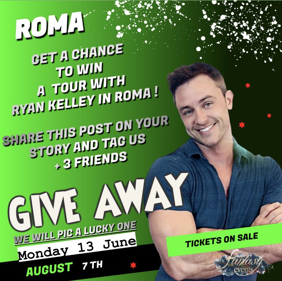 ROMA GIVE AWAY 🍀
•
Grab the chance to do a morning tour of the beautiful Roma with <a href="/the_ryan_kelley/">ryan kelley</a>  Sunday 7th august
•
We’ll visit the best location in Roma and take a Italian coffe☕️ 
•
#roma #teenwolf #ryankelley <a href="/romatoday/">Roma Today</a> <a href="/Roma/">Roma</a> <a href="/TeenWolflta/">Teen Wolf Italia</a> <a href="/TEENWOLFMTVI/">TEEN WOLF 🐺</a> <a href="/team_parrish/">Ryan Kelley</a>