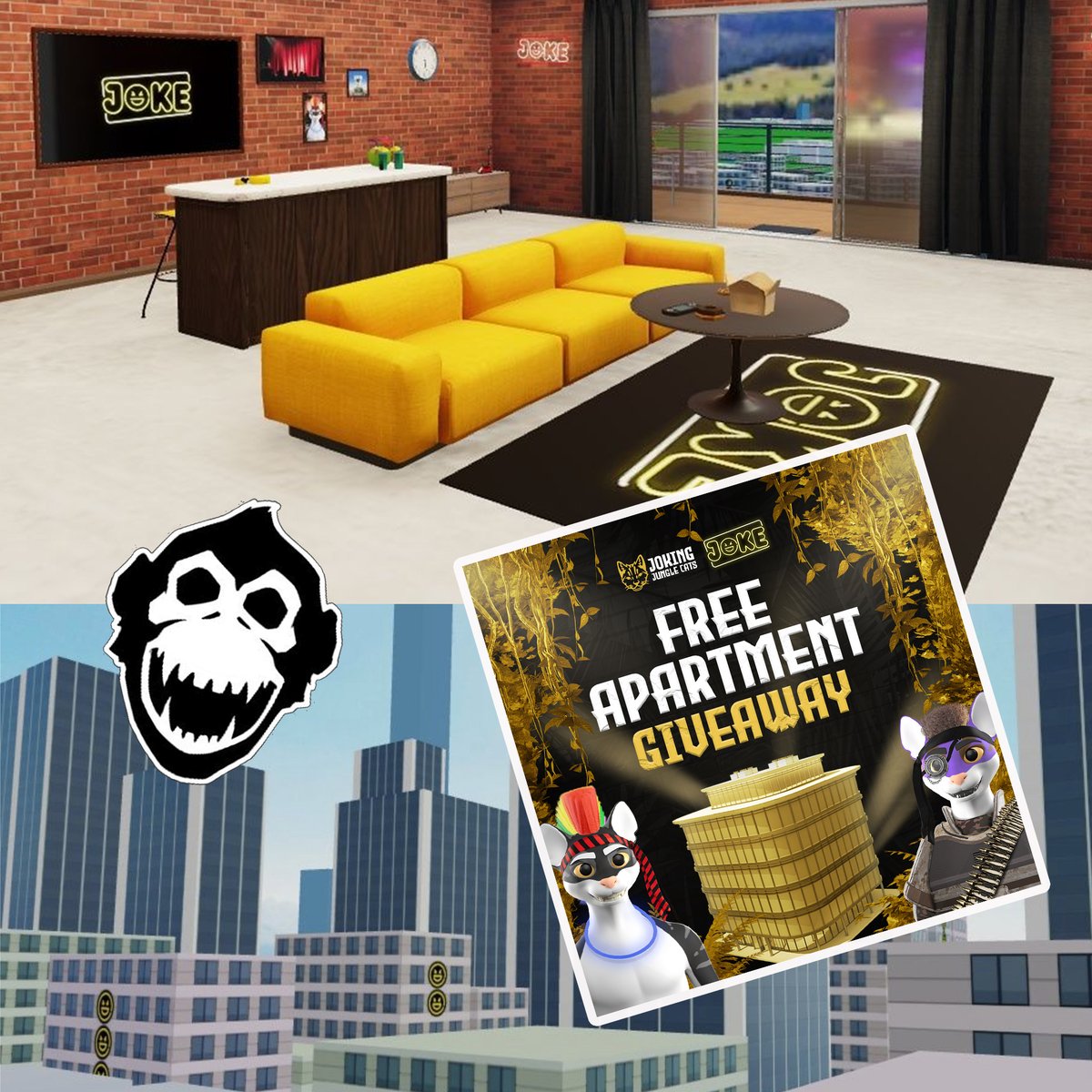 JokeCommunity's tweet photo. WANT TO WIN a JOKE APARTMENT + 100k JOKE TOKENS?

1. Follow @ATSNFT  &amp; @JokeCommunity 

2. RETWEET + TAG 3

3. SET A REMINDER FOR THE MEGA SPACES BELOW  
https://t.co/Y4EAo0cnIp https://t.co/IJOggORcbb