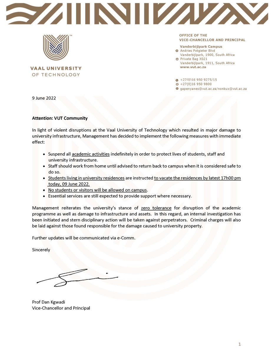 VUT_Online's tweet photo. URGENT NOTICE: STAFF AND STUDENTS https://t.co/IRrHy7KvlB