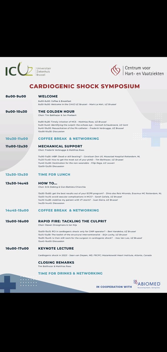 We have created 100 extra free online spots for our #cardshock symposium thanks to our fantastic sponsors and the hign number of participants. Join the almost 400 collegues!

cardiogenicshocksymposium.be

<a href="/RaesMatthias/">matthias.raes@gmail.com</a> <a href="/FH_Verbrugge/">Frederik H. Verbrugge</a> <a href="/StijnLochy/">Stijn Lochy</a> <a href="/Abiomed/">Adv Biomed</a> <a href="/seanvandiepen/">Sean van Diepen</a> <a href="/CorstiaanU/">Corstiaan den Uil</a>