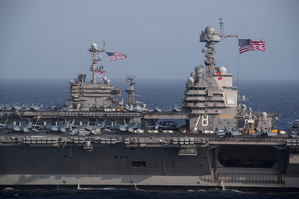 #ThrowbackThursday:
In June 2020, #Warship78 & @USSHARRYSTRUMAN conducted dual-carrier ops marking the first time a #Ford-class carrier operated w/ a #Nimitz-class carrier underway in the #AtlanticOcean.

#WeAreWarship78 #conac #firstinclass #cvn78 #cvn75 #GiveEmHell