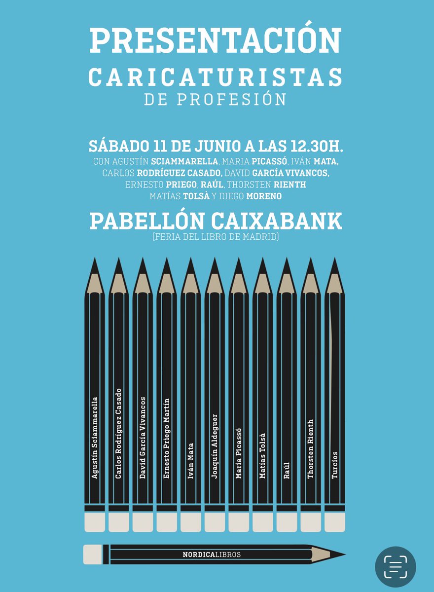 El próximo sábado 11 de junio presentaremos en pabellón Caixabank de la <a href="/FLMadrid/">Feria del Libro de Madrid</a> el libro «Caricaturistas de profesión». 

Participarán <a href="/a_sciammarella/">Sciammarella</a> <a href="/mariapicasso/">📐 Maria Picassó i Piquer ·.+'·</a> <a href="/mataivan/">Iván Mata</a> <a href="/RodriguezCasado/">Carlos Rodríguez Casado</a> <a href="/ernestopriego/">No longer here- please follow me on bsky.app!</a> <a href="/ThorstenRienth/">Thorsten Rienth</a> <a href="/MatiasTolsa/">Matias Tolsa</a> Raúl y David García Vivancos

⏰ 12:30 h