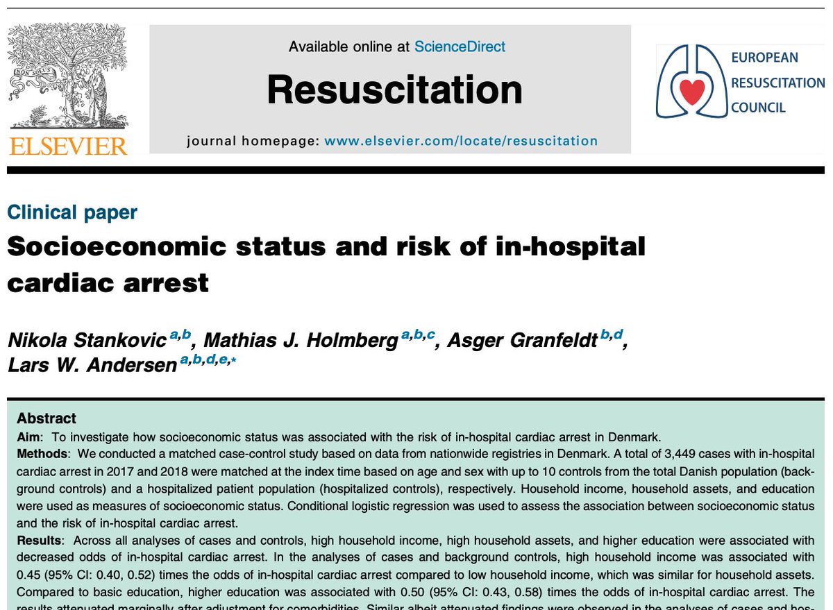 Research Center for Emergency Medicine (@recem_cfa) on Twitter photo In this study, high socioeconomic status was associated with lower⬇️ odds of in-hospital cardiac arrest.
The findings were consistent across income💵, assets💰, and education📚 and persisted after adjustment for comorbidities.
🔗bit.ly/3MFtWwx
<a href="/ResusJournal/">Resuscitation</a> In this study, high socioeconomic status was associated with lower⬇️ odds of in-hospital cardiac arrest.
The findings were consistent across income💵, assets💰, and education📚 and persisted after adjustment for comorbidities.
🔗bit.ly/3MFtWwx
<a href="/ResusJournal/">Resuscitation</a>