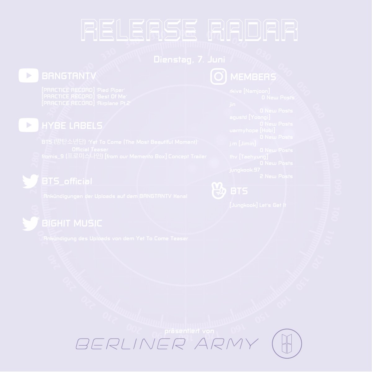 BerlinerArmy's tweet photo. Release Radar vom Dienstag, 7. Juni

#bts #2022btsfesta #btsarmy #kpop #BTS #BTS_Proof #BTS9thAnniversary #BTSCOMEBACK2022 #JHOPEatLollapalooza 
@BTS_twt https://t.co/zl6AhG5En7