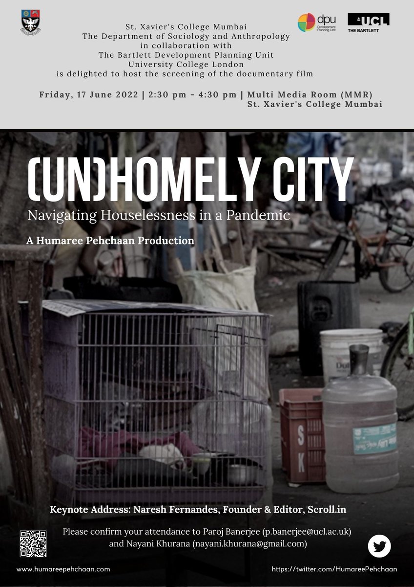 HumareePehchaan's tweet image. 📽️#FilmScreening | Presenting (Un)Homely City- a documentary on the experiences and impact of the pandemic governance on the #houseless communities in #Mumbai.

The film is a #HumareePehchaan Production &amp;amp; is supported by @dpu_ucl. 

Watch the trailer here: lnkd.in/eJ2cP3Ps