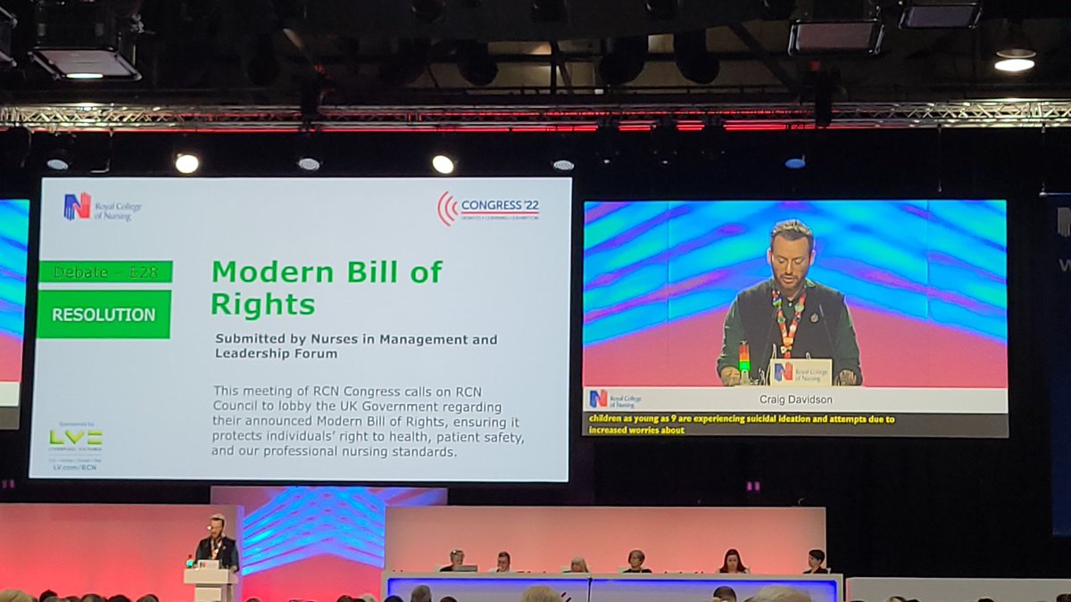 <a href="/CraigDavidson85/">Craig Davidson RN (Adult) (he/they)</a> <a href="/RCN_BENSBranch/">RCN_BENS_Branch</a> <a href="/theRCN/">The RCN</a> <a href="/RCNWestMids/">RCN West Midlands</a> #rcncongress22 #rcn22 #patientsafety #moderbillofrights
Debate E28 - Modern Bill of rights
This resolution is to ask RCN Council to lobby the UK government regarding their announced Modern Bill of Rights.