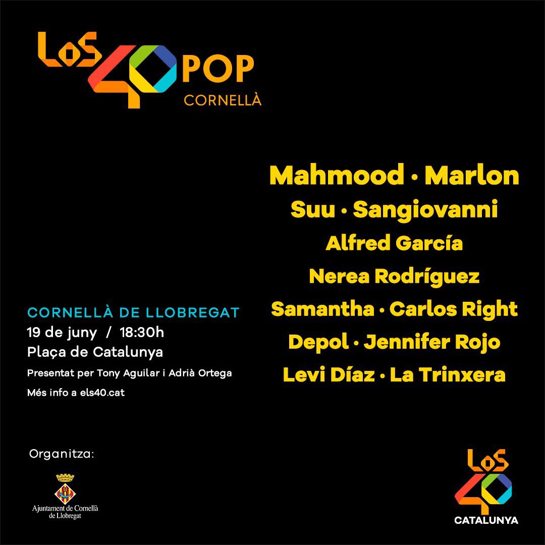 BOOM 💥 <a href="/Els40_/">ELS40</a> y l’ Ajuntament de Cornellà presentamos #Los40CornellaPop. 
El concierto que cerrará las fiestas del Corpus en mi ciudad!!! Orgulloso y emocionado de presentaros este CARTELAZO!!! Acceso libre y gratuito 🕺🏻🎶✨ <a href="/Los40/">LOS40</a> @QFerACornella #Els40CornellaPop
