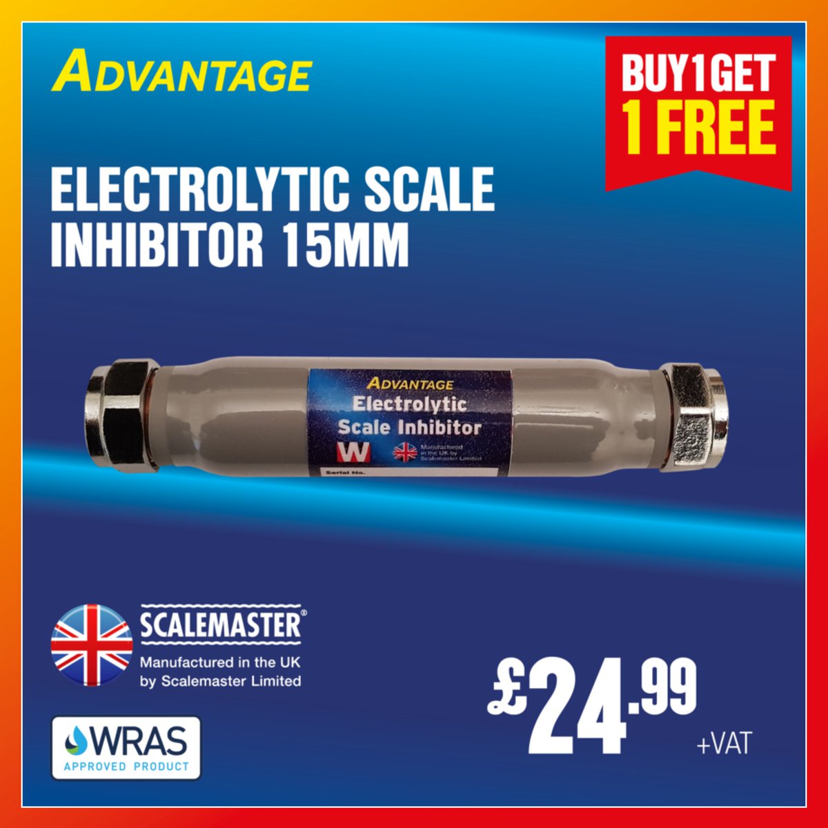 BUY 1 GET 1 FREE on Advantage 15mm Electrolytic Scale Inhibitor! 

THAT'S ONLY £24.99 FOR 2!! 

Available to our Trade Only customers as per our T&amp;C's. Offer ends 31.08.22 or while stocks last. ow.ly/tQEg50JlrL4 #williamstradesupplies #tradeonlyplumbing #pricebusters