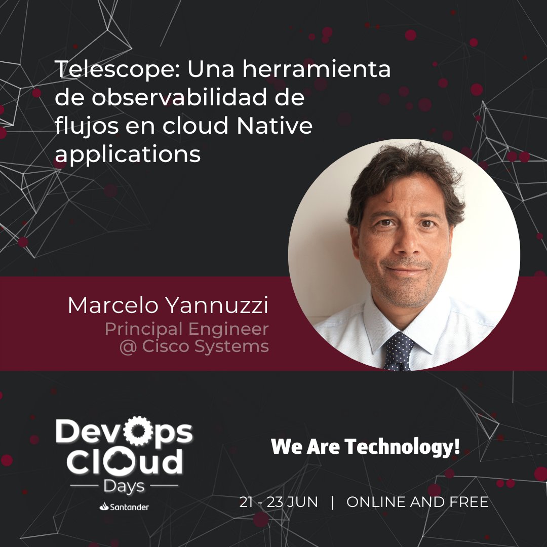 cisco_spain's tweet photo. 📆  Jueves 23/6 
⏰  15:50 hs
Marcelo Yannuzzi os contará todo lo que necesitáis saber sobre Telescope, la herramienta de observabilidad de flujos en la nube y OpenTelemetry basada en recursos nativos de monitorización y resolución de problemas. https://t.co/TCbQjeZpZD
