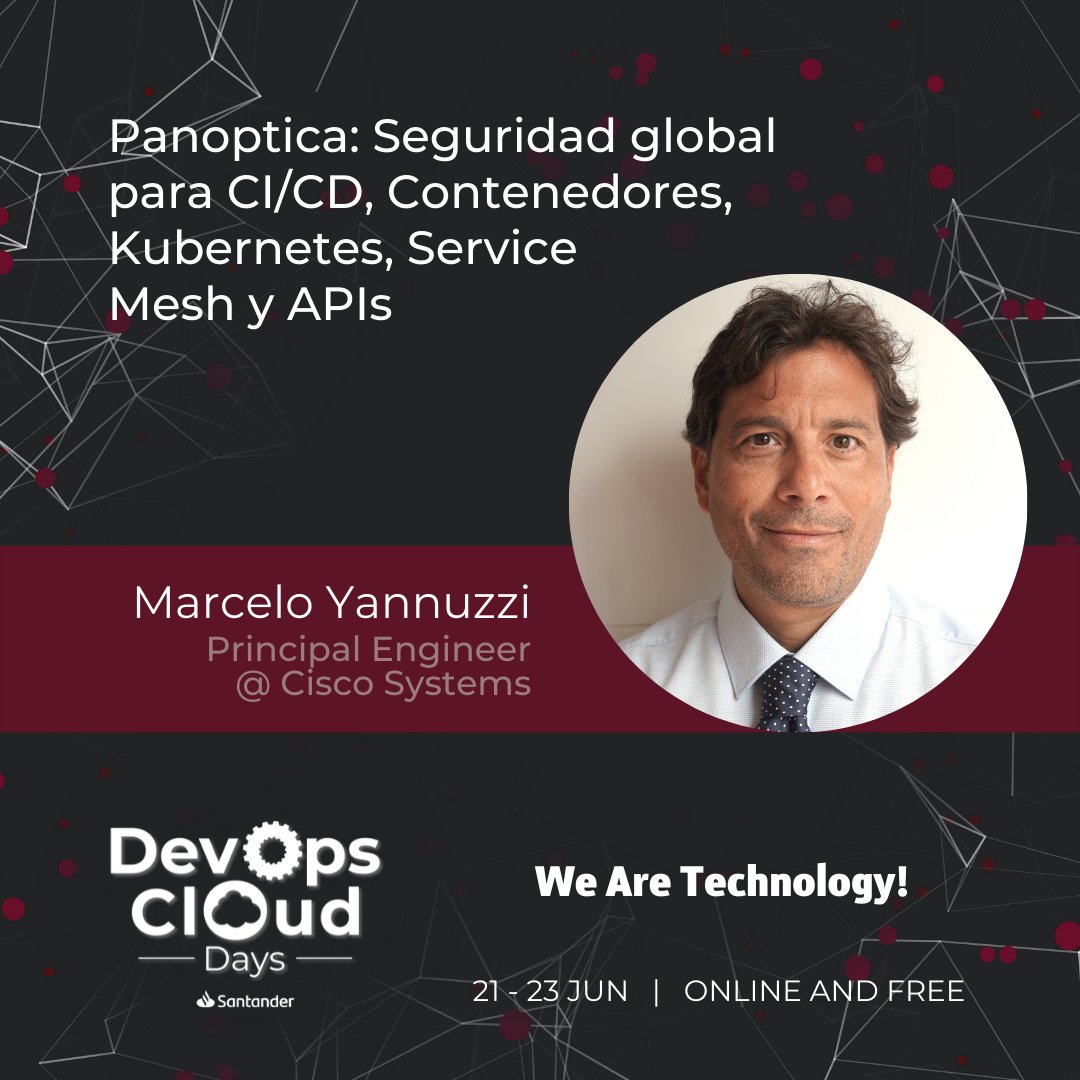 cisco_spain's tweet photo. 📆  Jueves 23/6 
⏰  16:10 hs
Marcelo Yannuzzi os presentará 'Panóptica', nuestra última novedad en #ciberseguridad para aplicaciones en la #nube. https://t.co/dIbLiQyix9