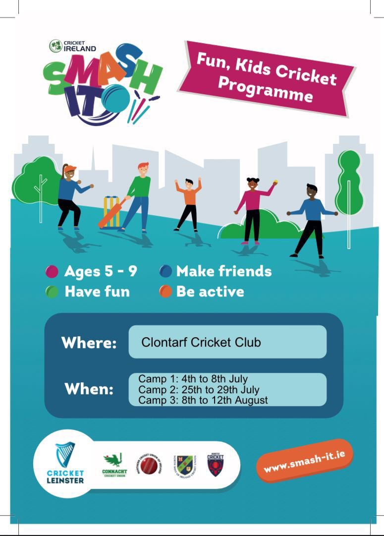 Following the great success last year, we are running Smash It camps again this Summer!                               Register now: cricket-programmes.com/clontarf-cc-sm…