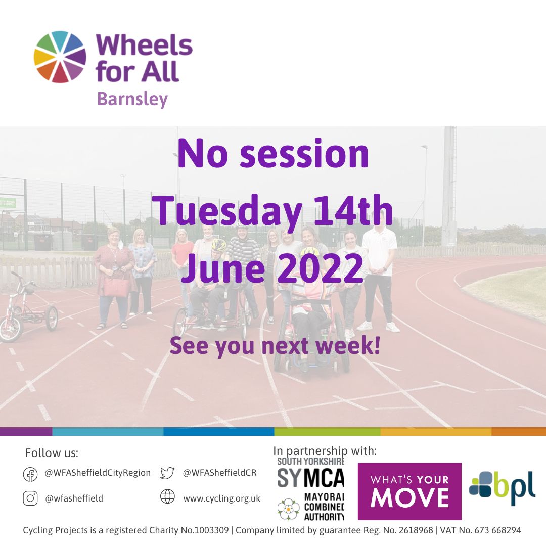 WFASheffieldCR's tweet photo. Don't forget there's no Barnsley session on 14th June, we will be back on 21st June at a slightly different time of 1pm - 3pm, you can pre-book your ticket via: https://t.co/vUKsRWU63m
#weridetogether #wheelsforall #barnsley https://t.co/T3b1v8q6rG