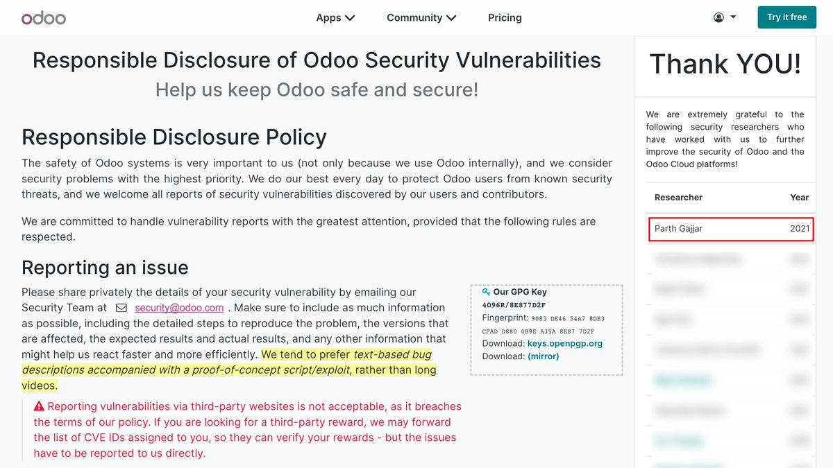 DroggolOfficial's tweet photo. Congratulations to @_init_Parth  for registering his name in the #Odoo Security Hall of Fame. https://t.co/9GHgzIMv4e