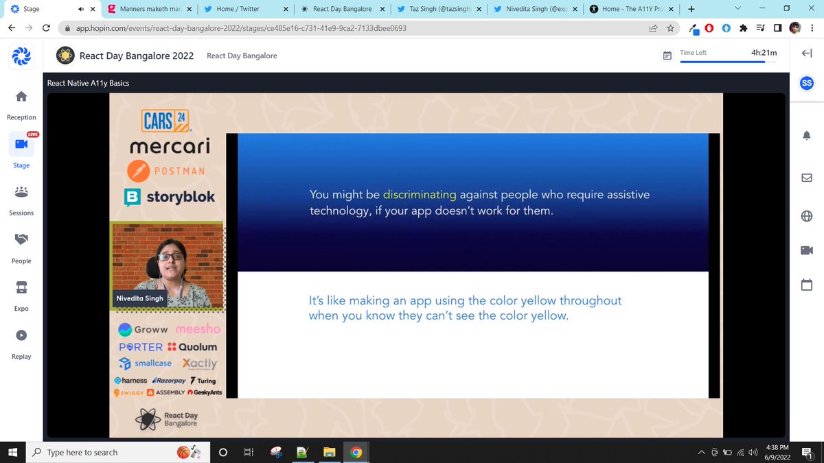 shloksri's tweet image. Thoroughly enjoyed this amazing session about Accessibility! Thanks @explore30666817 for the session. Bringing out key points on types of disabilities and ways to handle them! We as developers should be more familiar with implementing a11y on mobile apps.
#ReactDayIn2022 #TIL