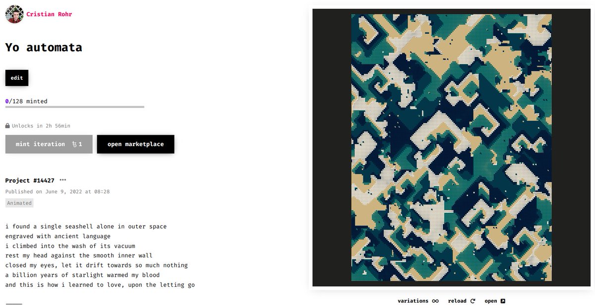 'Yo automata' will be open to mint in three hours at <a href="/fx_hash_/">fxhash</a> 

128 editions 1tez each

#fxhash #tezosart #tezoscommunity #tezosnft 

#generativeart #creativecoding #cellularautomata #p5js