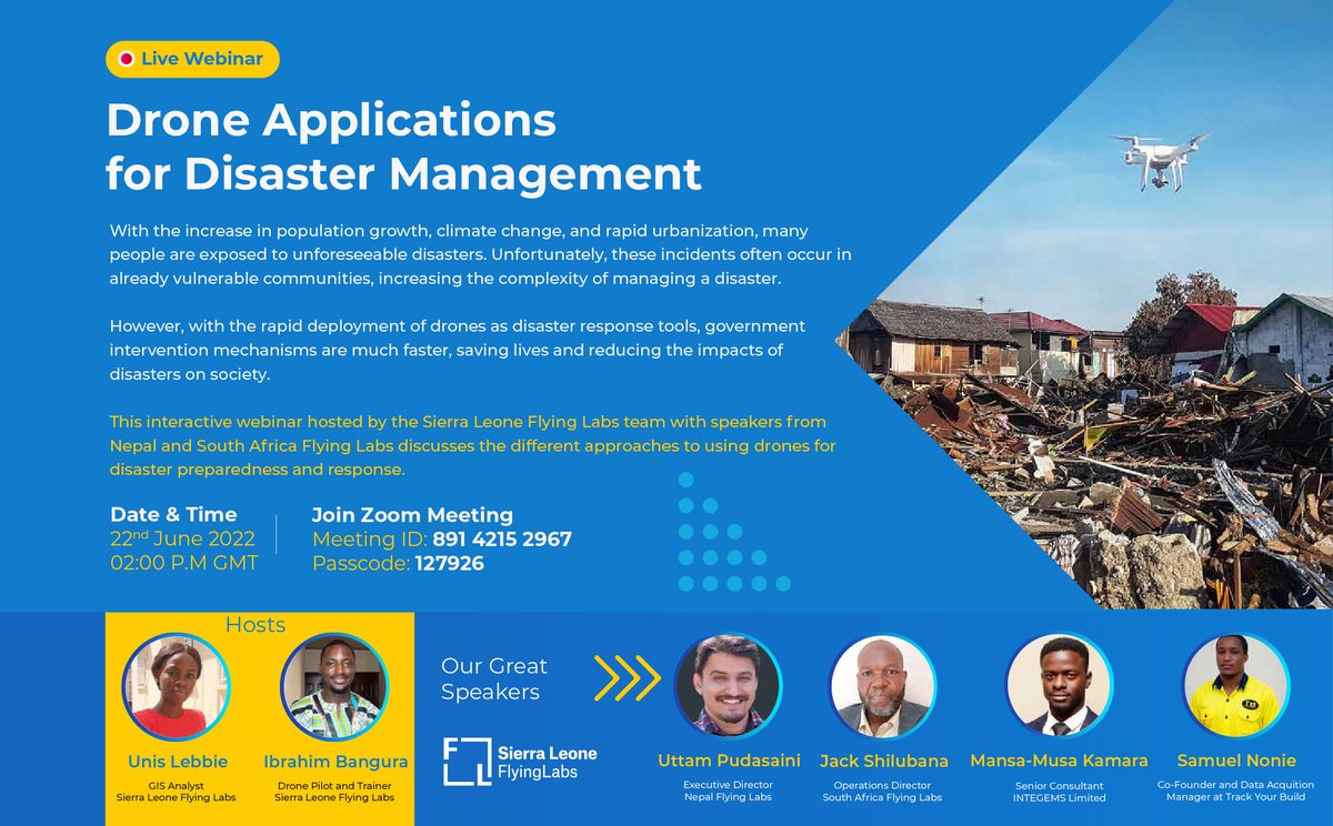 Sierra Leone Flying Labs (@sl_flyinglabs) on Twitter photo This webinar will pull together drone experts from Sierra Leone, Nepal and South Africa to discuss the use of drones in disaster management and the key challenges in their implementation.
<a href="/nepalflyinglabs/">Nepal Flying Labs</a> #SouthAfricaFlyingLabs #PowerofLocals #FlyingLabs #DronesforGood This webinar will pull together drone experts from Sierra Leone, Nepal and South Africa to discuss the use of drones in disaster management and the key challenges in their implementation.
<a href="/nepalflyinglabs/">Nepal Flying Labs</a> #SouthAfricaFlyingLabs #PowerofLocals #FlyingLabs #DronesforGood