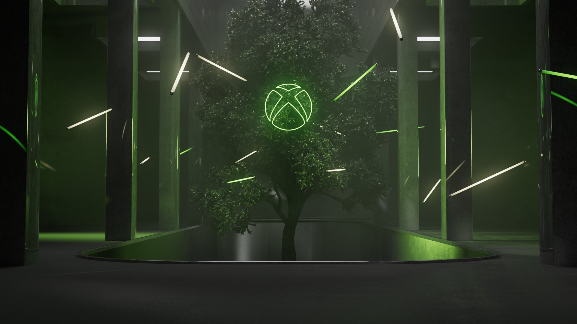 An image of a neon green Xbox logo over a tree in a modern industrial setting