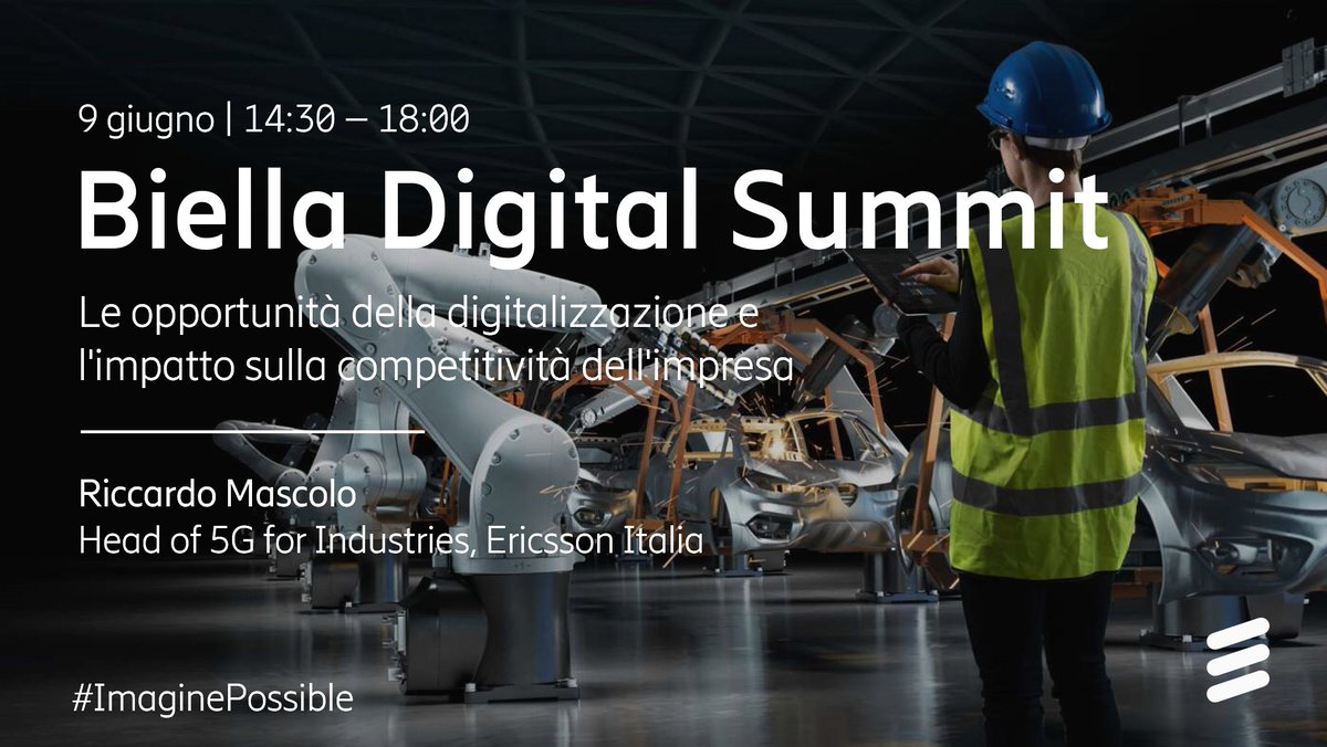 Ericsson partecipa al Biella Digital Summit.
Riccardo Mascolo (<a href="/GR_Mascolo/">Riccardo Mascolo</a>) #TeamEricsson illustrerà come il #5G può abilitare la trasformazione digitale delle imprese. 
🎙️Moderazione a cura di <a href="/e_pagliarini/">Enrico Pagliarini</a>.  
Scopri il programma ▶️ m.eric.sn/3g1k50JtnjT