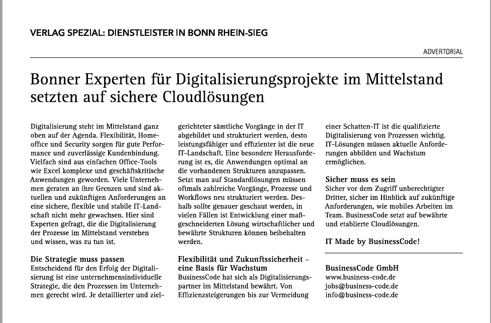 businesscode2's tweet photo. BusinessCode in "Die Wirtschaft" der IHK Bonn/Rhein-Sieg @IHK_Bonn
#businesscode #bonn #digitalisierung #it #prozesse #mittelstand #software #logistik #unternehmen #wirtschaft https://t.co/sR8eUVRQNR