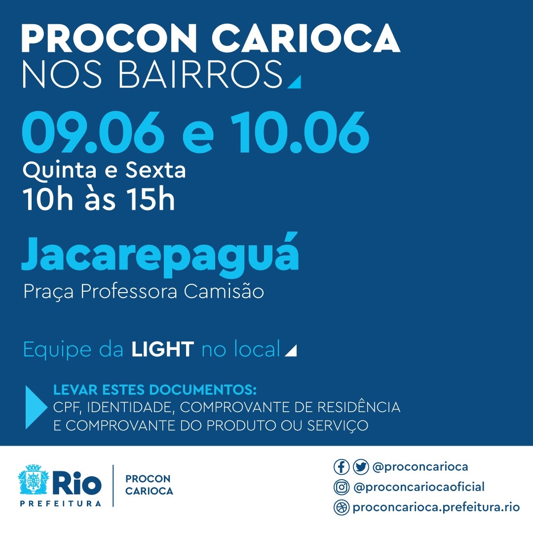 Alô Jacarepaguá! Nesta quinta-feira (09/06)) e na sexta-feira (10/06) tem PROCON CARIOCA  <a href="/ProconCarioca/">Procon Carioca</a>  na Praça Professora Camisão, na Freguesia.
Só vem!