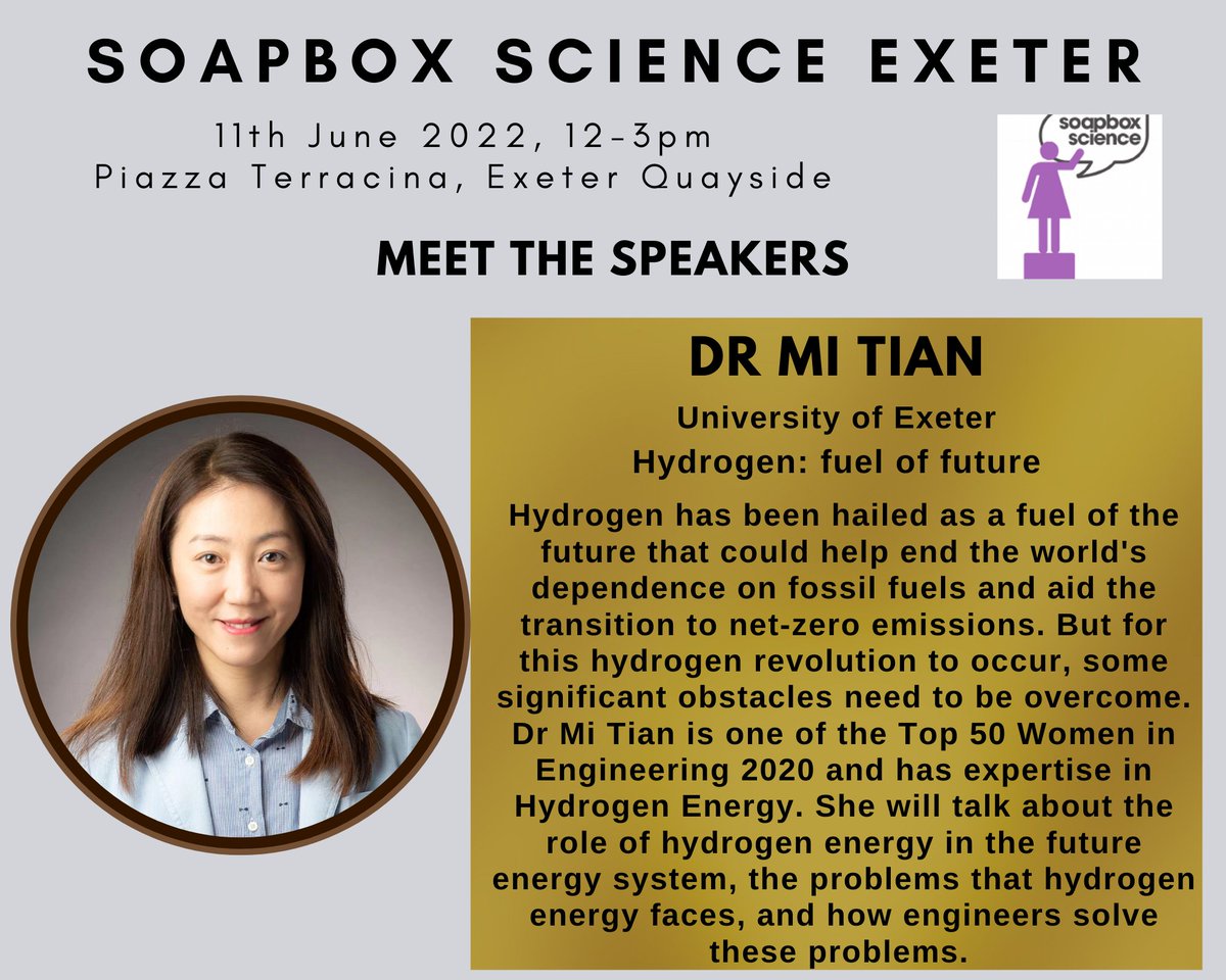 <a href="/m_suden/">Suden Yıldırım</a> @CollegeofEMPS <a href="/UniofExeter/">University of Exeter</a> <a href="/UoE_Physics/">University of Exeter Physics and Astronomy</a> <a href="/SoapboxScience/">Soapbox Science</a> <a href="/SophieNedelec/">Sophie Nedelec</a> <a href="/UoEBiosciences/">Exeter Biosciences</a> @ExeterMarine Meet the speakers <a href="/SoapboxExeter/">Soapbox Science Exeter</a>: Dr Mi Tian <a href="/mitianzhang/">Dr. Mi Tian</a>, is an Engineer &amp; an expert in Hydrogen energy. Hear about her research &amp; see her Hydrogen powered car where she will tell why it’s the fuel of the future! <a href="/UniofExeter/">University of Exeter</a>  <a href="/UoE_Physics/">University of Exeter Physics and Astronomy</a> <a href="/SoapboxScience/">Soapbox Science</a> #WomenInSTEM