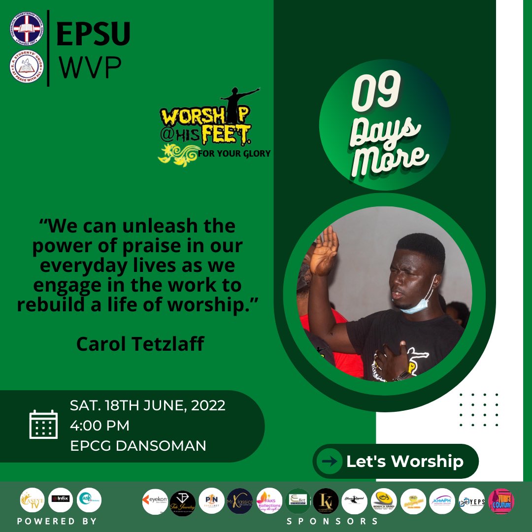 epsuwvp's tweet photo. 🔥WAHF’22_FOR_YOUR_GLORY🔥
0️⃣9️⃣ Days More to WAHF’22
🗓: 18th June 2022
⛪️: E.P.C.G Dansoman
⏰ : 4:00 pm
Save the date for a true worship experience!!
W@HF ‘22…. For Your Glory🙌🏽
#EPSUWestVee #EPSUWVP
#WAHF
#ForYourGlory
#WAHF22 https://t.co/8g1fXVsP1Z